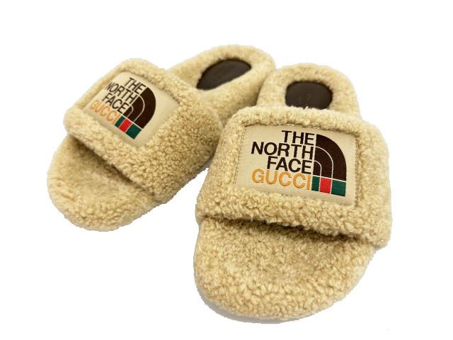Gucci the North Face Logo Shearling Slide Sandals Beige 36