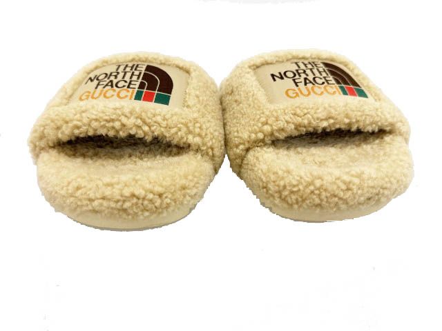 Gucci the North Face Logo Shearling Slide Sandals Beige 36 — view 3