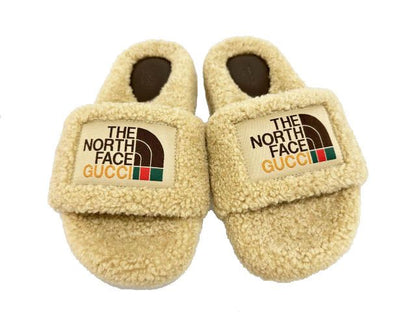 Gucci the North Face Logo Shearling Slide Sandals Beige 36 — view 2