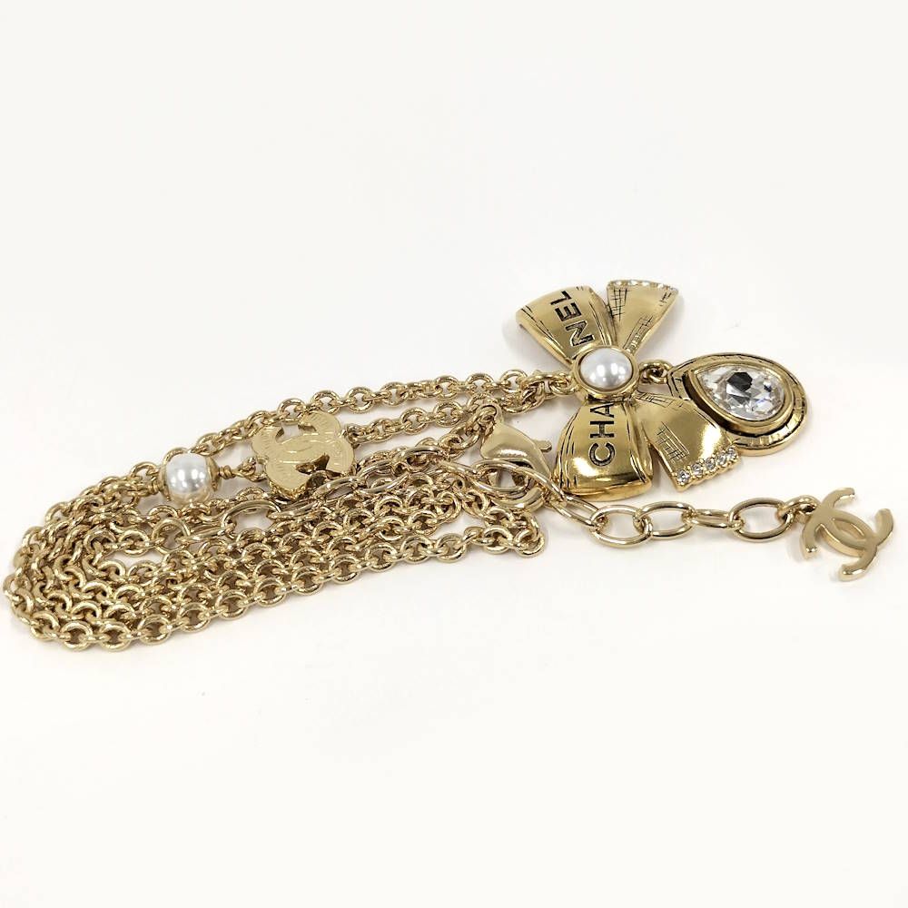 Chanel Necklace Ribbon CC Logo Rhinestone Plated Gold 25k — view 5