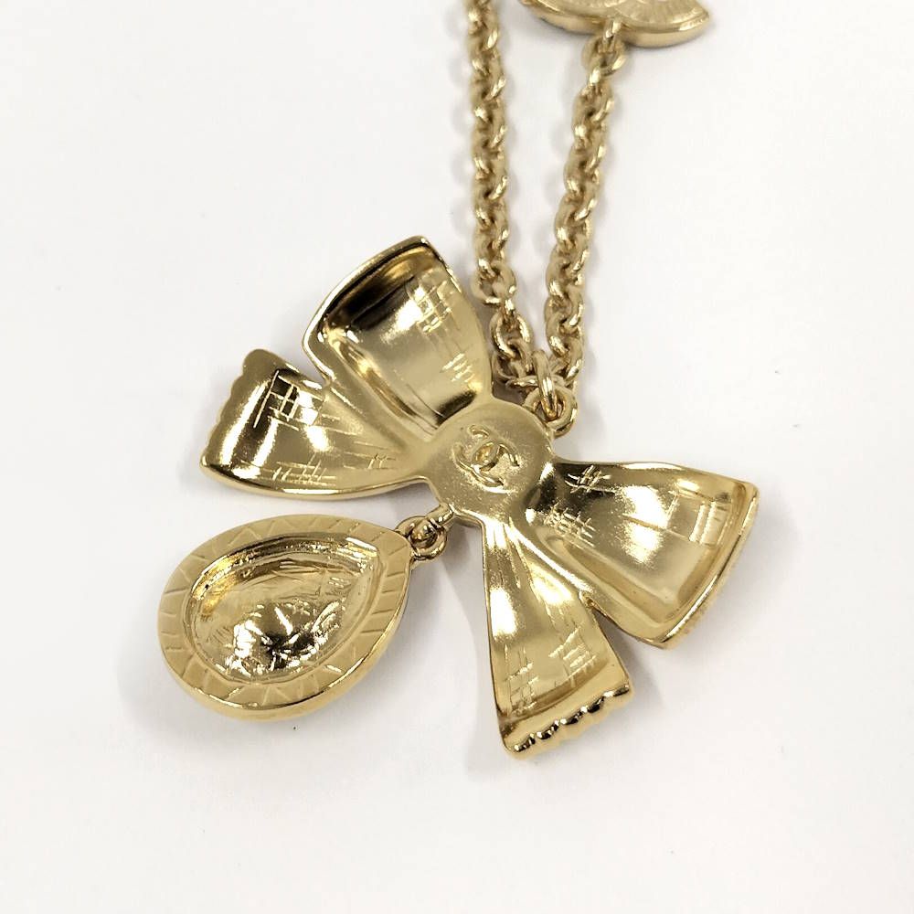 Chanel Necklace Ribbon CC Logo Rhinestone Plated Gold 25k — view 2