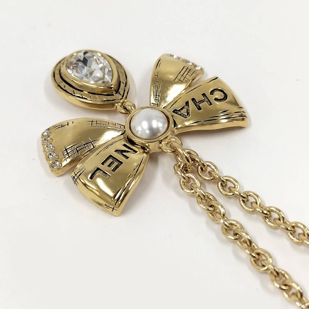 Chanel Necklace Ribbon CC Logo Rhinestone Plated Gold 25k — view 3
