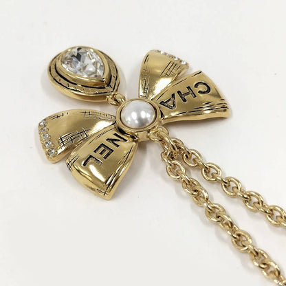 Chanel Necklace Ribbon CC Logo Rhinestone Plated Gold 25k — view 3