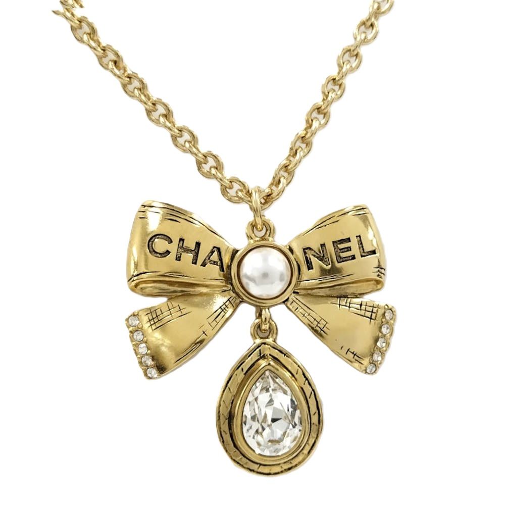 Chanel Necklace Ribbon CC Logo Rhinestone Plated Gold 25k