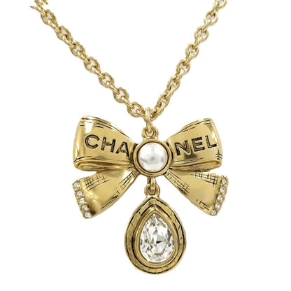 Chanel Necklace Ribbon CC Logo Rhinestone Plated Gold 25k