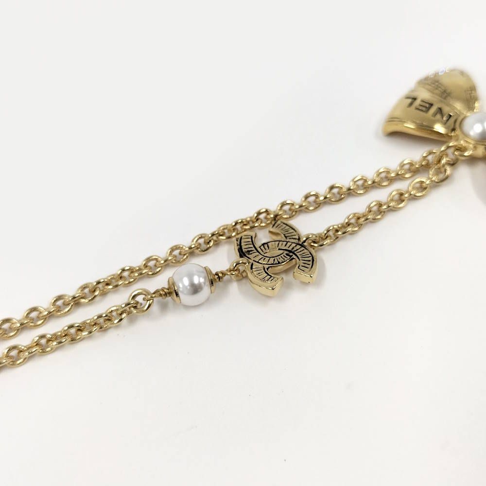Chanel Necklace Ribbon CC Logo Rhinestone Plated Gold 25k — view 6