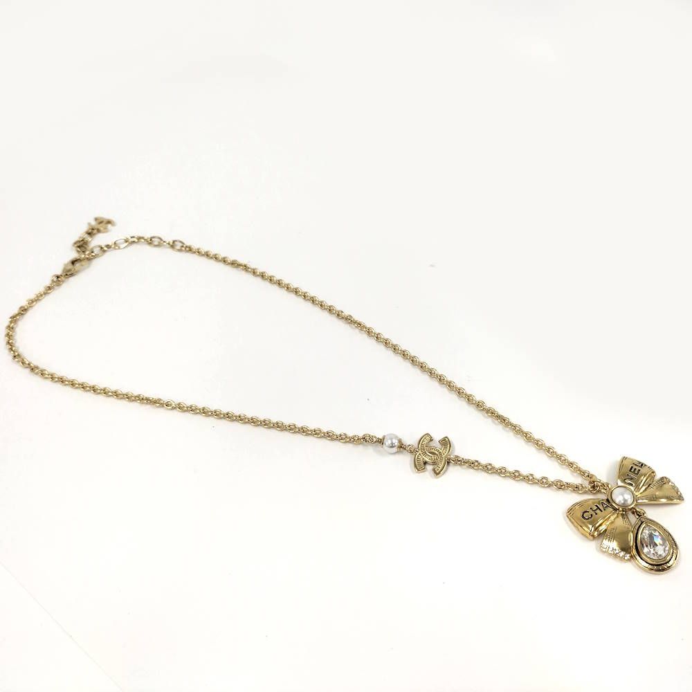Chanel Necklace Ribbon CC Logo Rhinestone Plated Gold 25k — view 4