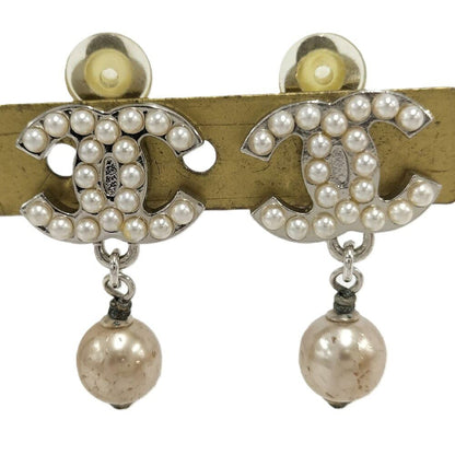Chanel Earrings CC Pearl Plated Silver