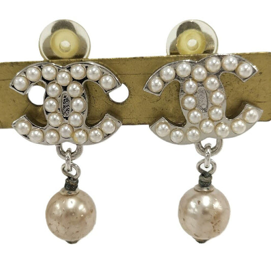 Chanel Earrings CC Pearl Plated Silver