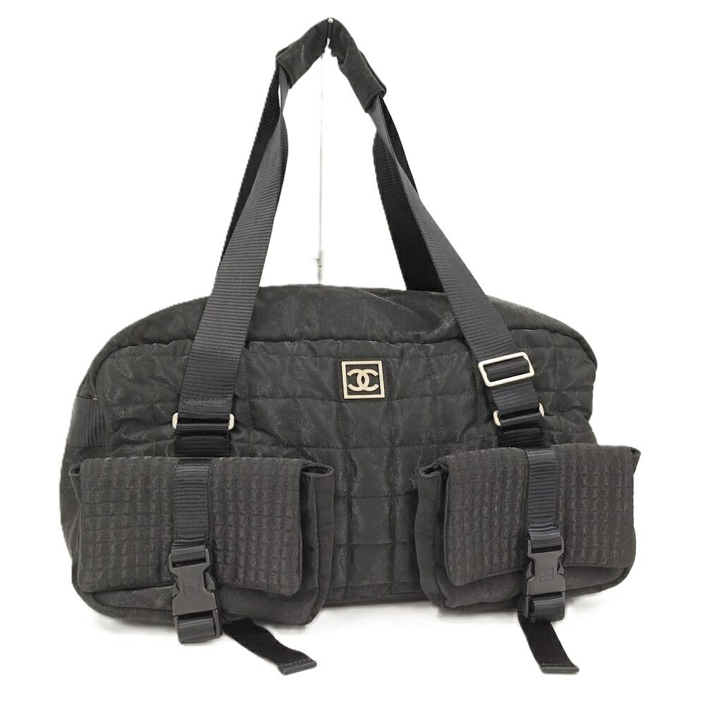 Chanel Boston Bag Sports Line Chocolate Bar Stitch Logo Nylon Canvas Black
