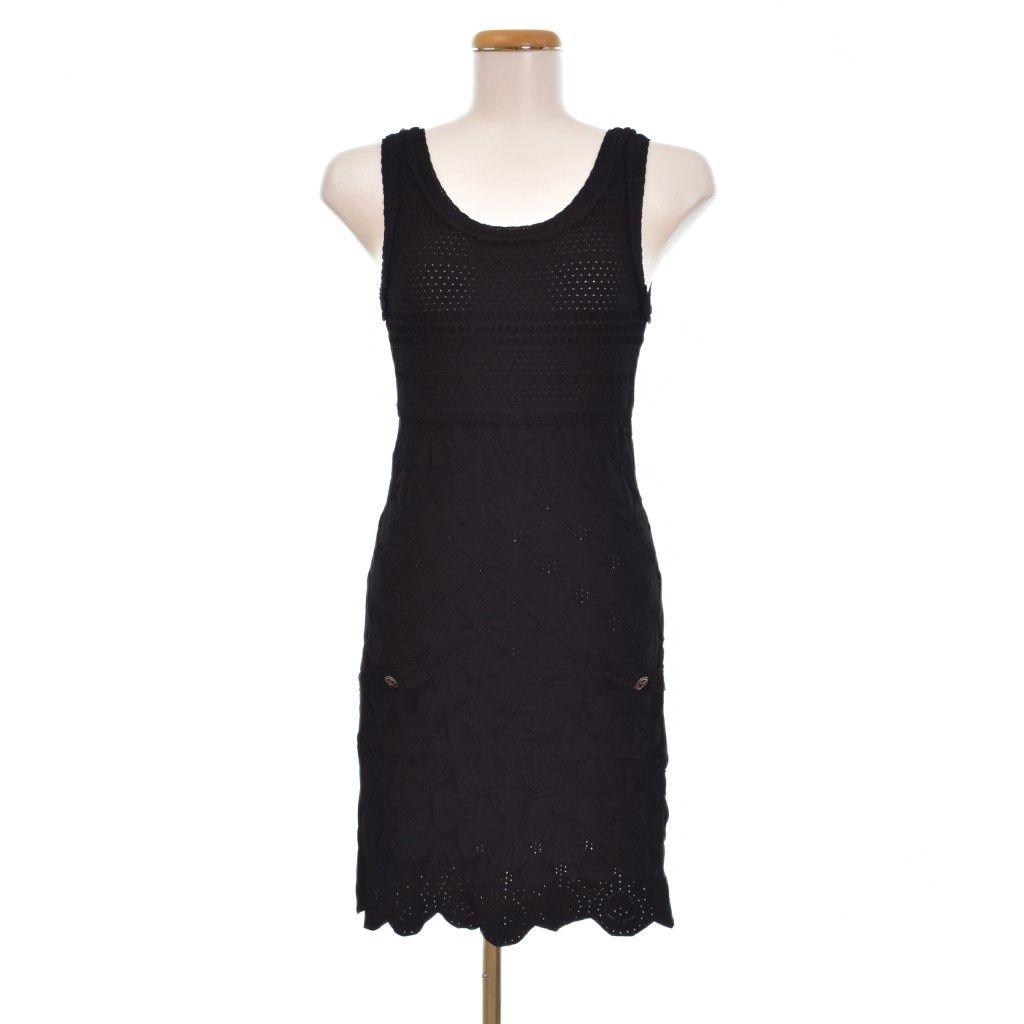 Chanel Sleeveless Neck Pencil Line Mini Crochet Dress 38 Black