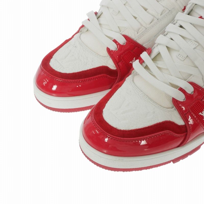 Louis Vuitton LV Trainers Calf Leather Monogram Sneakers Red White 9 — view 5
