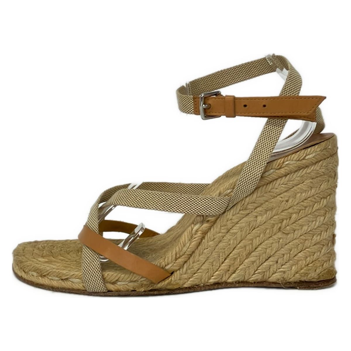 Hermes Sandals Brown Beige Wedge Sole Espadrilles Leather 38