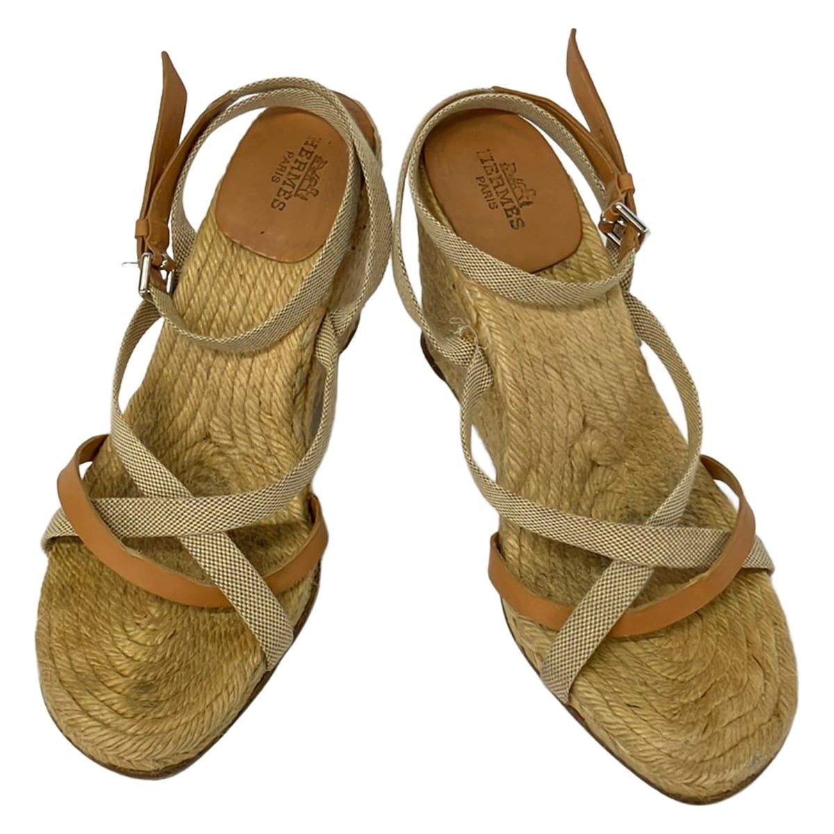Hermes Sandals Brown Beige Wedge Sole Espadrilles Leather 38 — view 2