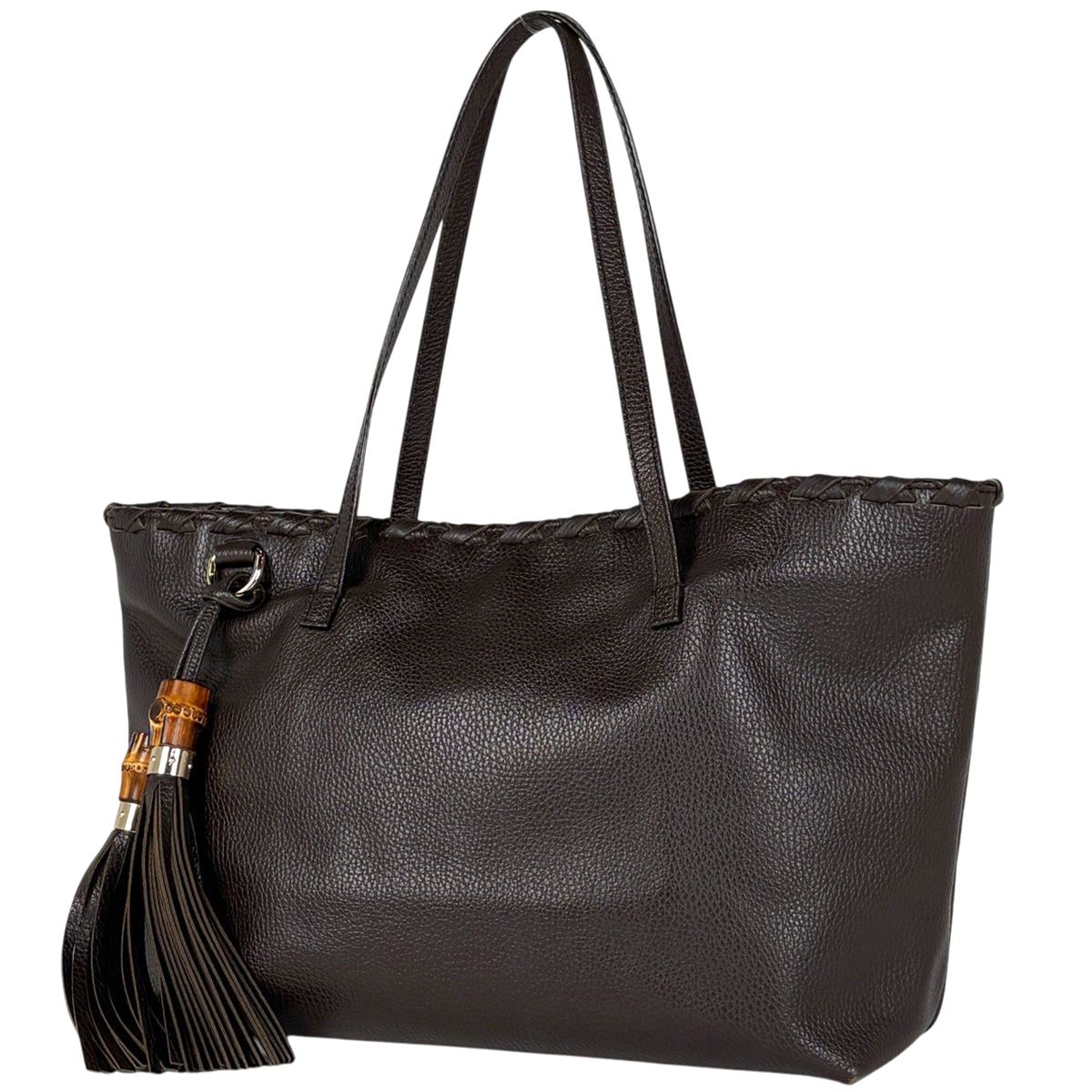 Gucci Bamb Tote Bag Tassel Fringe Leather Brown