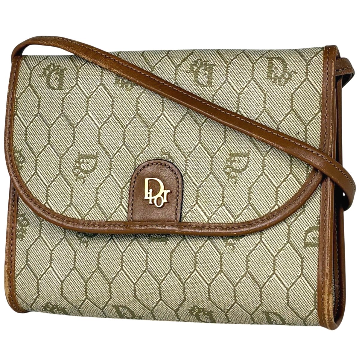Dior Honeycomb Pattern Shoulder Bag Pochette Beige Brown