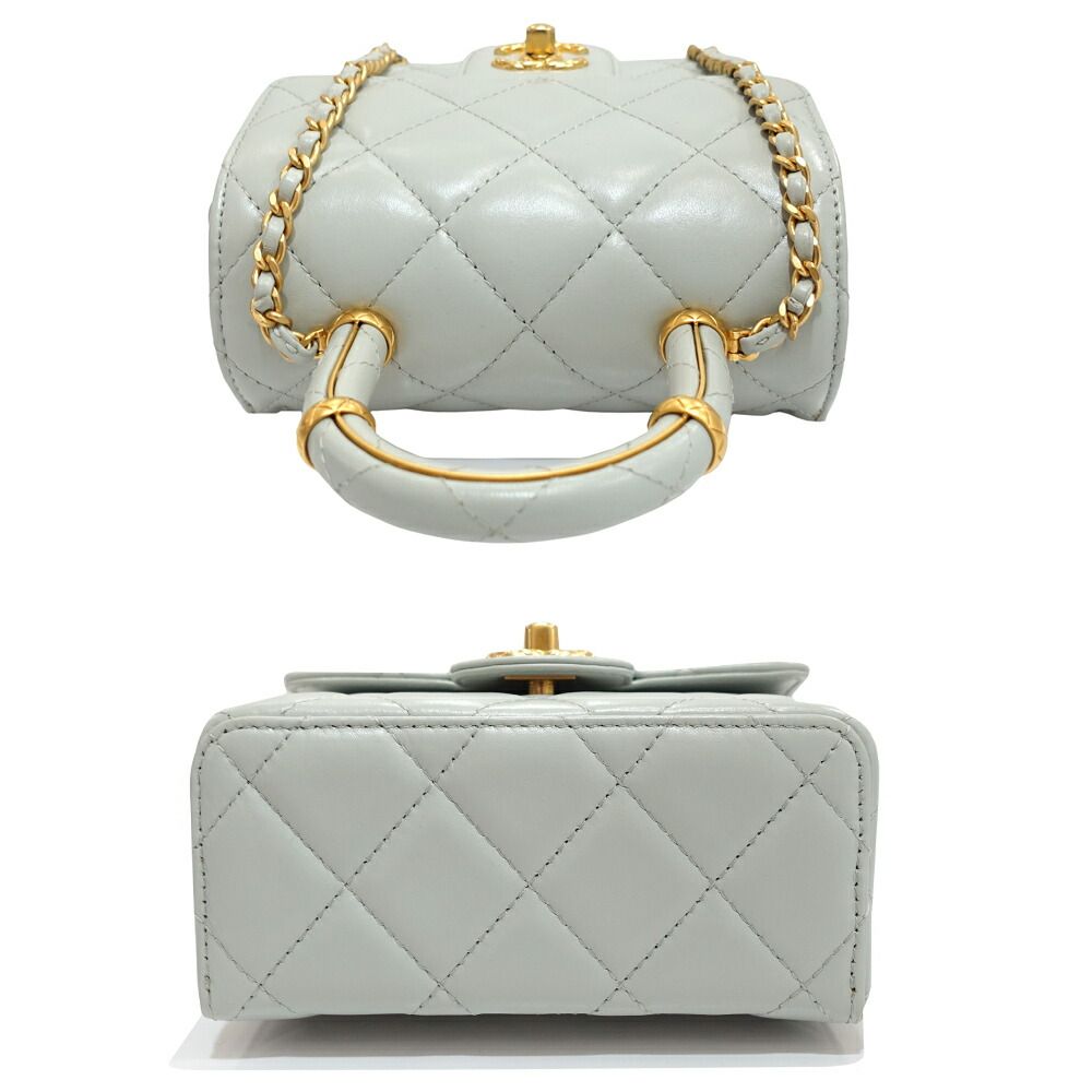 Chanel Top Handle Mini Flap Quilted Shoulder Bag Lambskin Light Blue — view 3