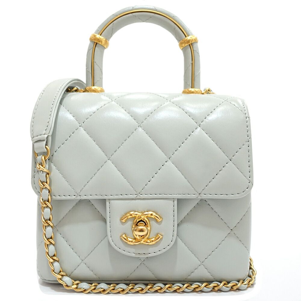 Chanel Top Handle Mini Flap Quilted Shoulder Bag Lambskin Light Blue