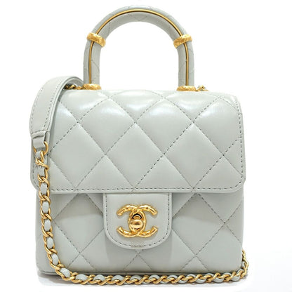 Chanel Top Handle Mini Flap Quilted Shoulder Bag Lambskin Light Blue