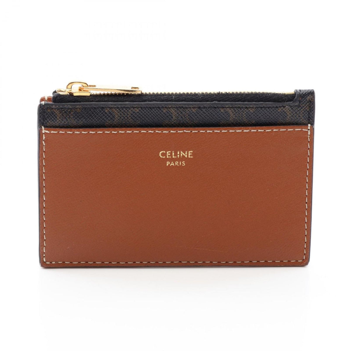 Celine Card Case Triomphe Brown Black Leather Holder