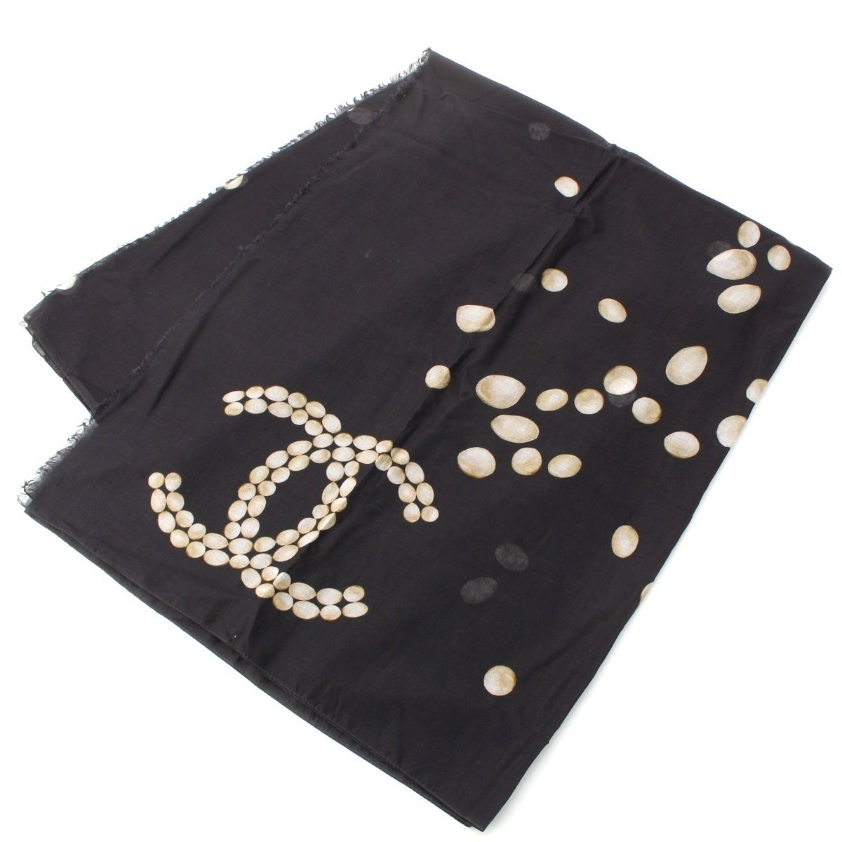 Chanel Cotton Pearl CC Logo Scarf Large Shawl Black