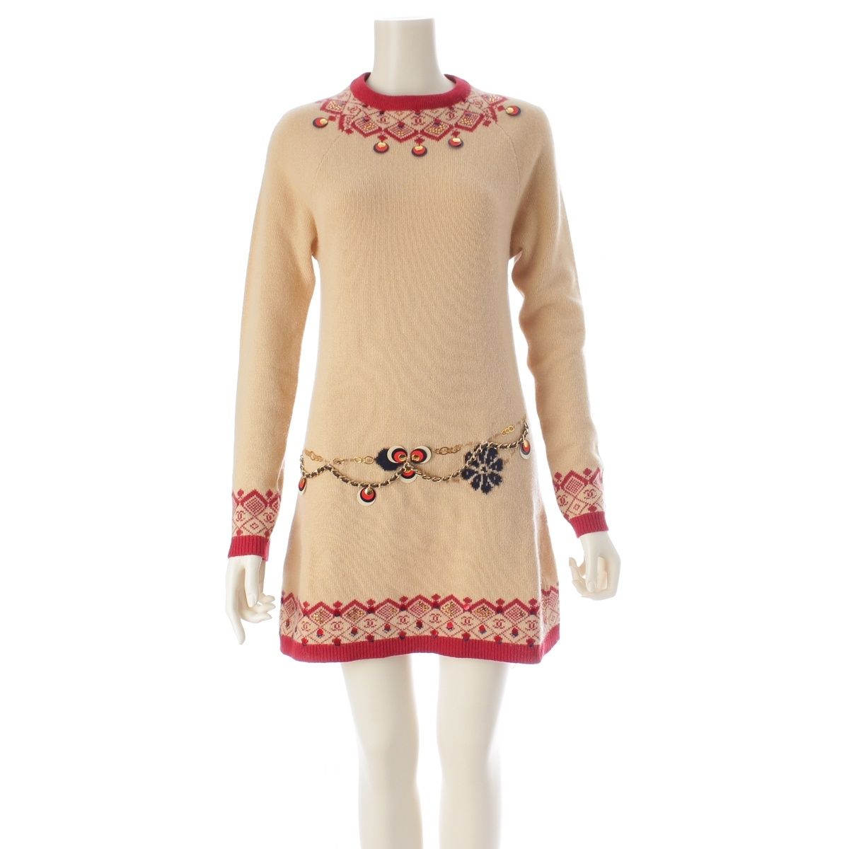 Chanel 01A Cashmere CC Logo Embroidery Knit Dress Beige Red 38
