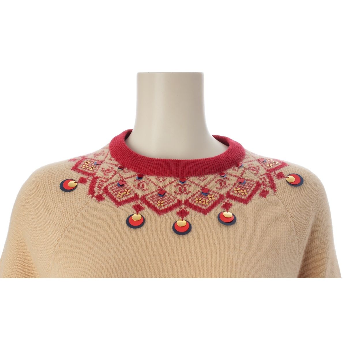 Chanel 01A Cashmere CC Logo Embroidery Knit Dress Beige Red 38 — view 5