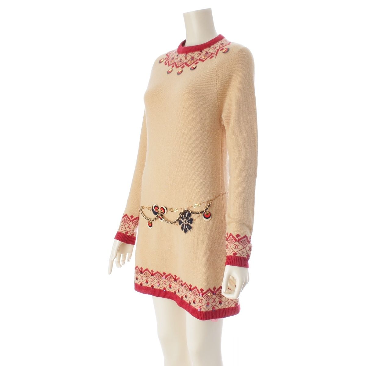 Chanel 01A Cashmere CC Logo Embroidery Knit Dress Beige Red 38 — view 2