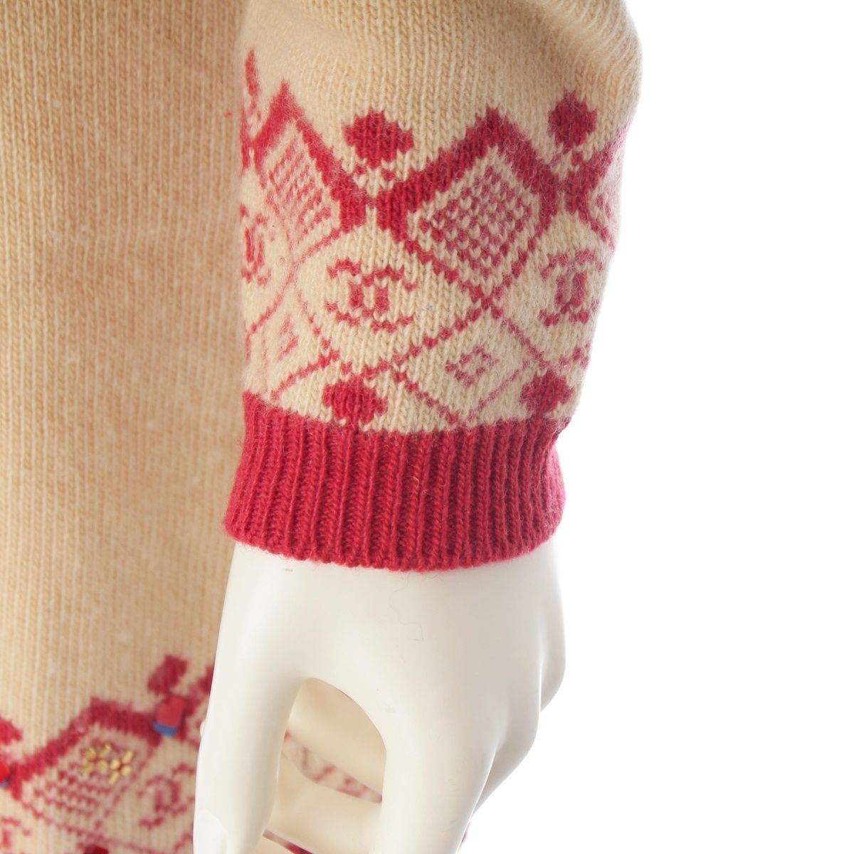 Chanel 01A Cashmere CC Logo Embroidery Knit Dress Beige Red 38 — view 6
