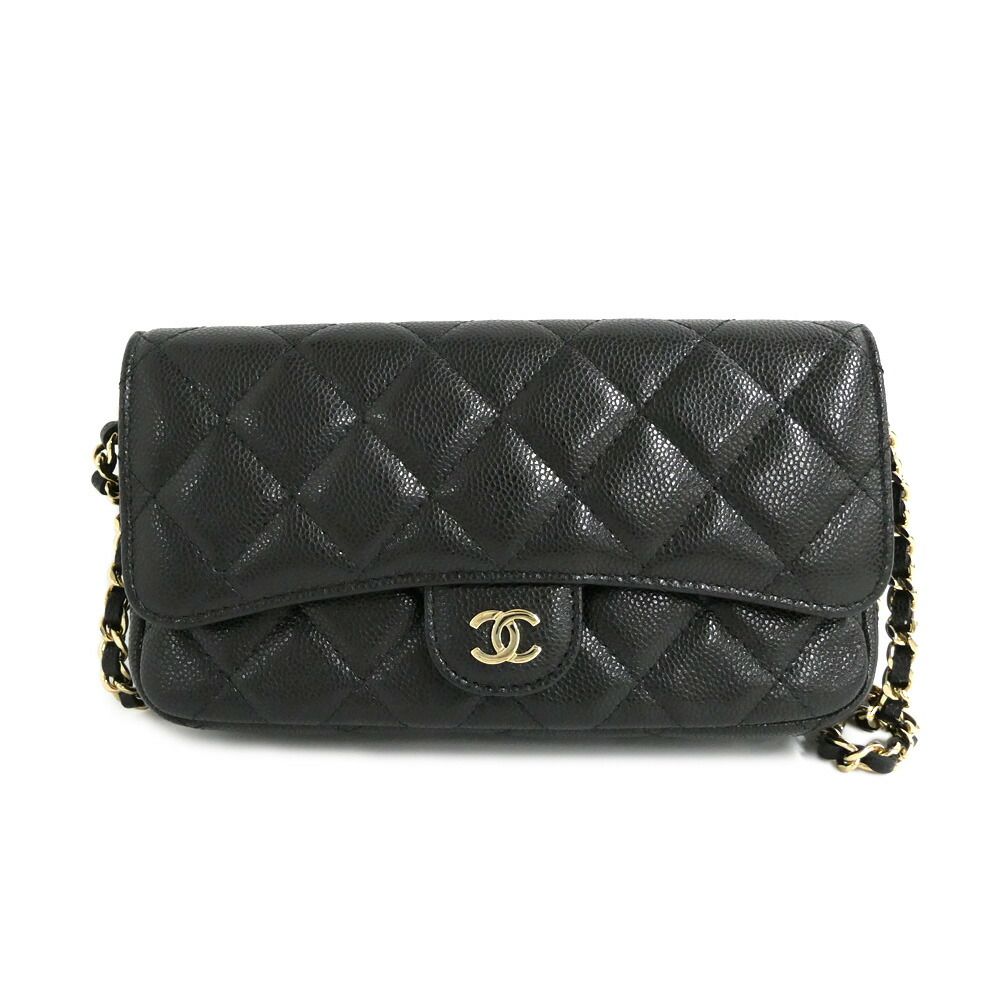 Chanel Flap Phone Case Chain Shoulder Bag Caviar Leather Black Gold