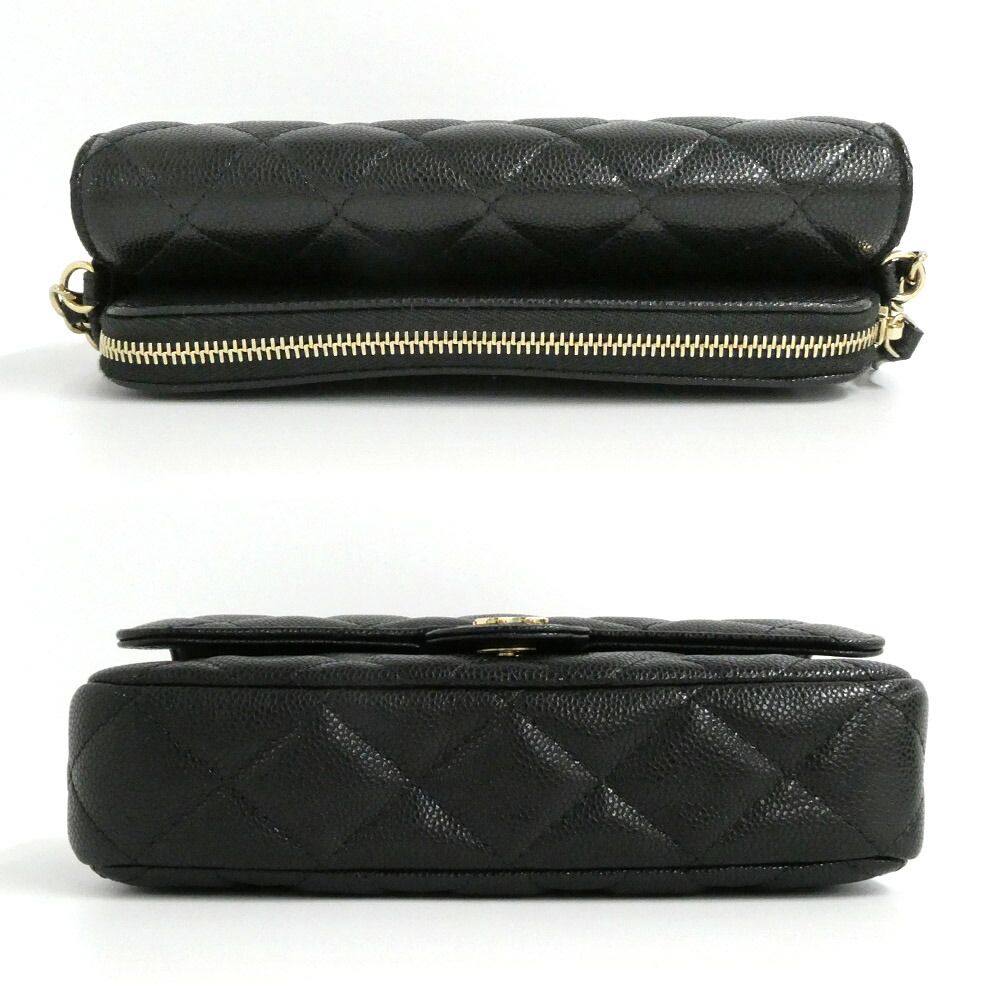 Chanel Flap Phone Case Chain Shoulder Bag Caviar Leather Black Gold — view 3
