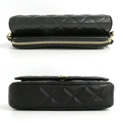 Chanel Flap Phone Case Chain Shoulder Bag Caviar Leather Black Gold — view 3