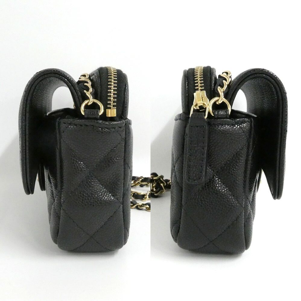 Chanel Flap Phone Case Chain Shoulder Bag Caviar Leather Black Gold — view 4