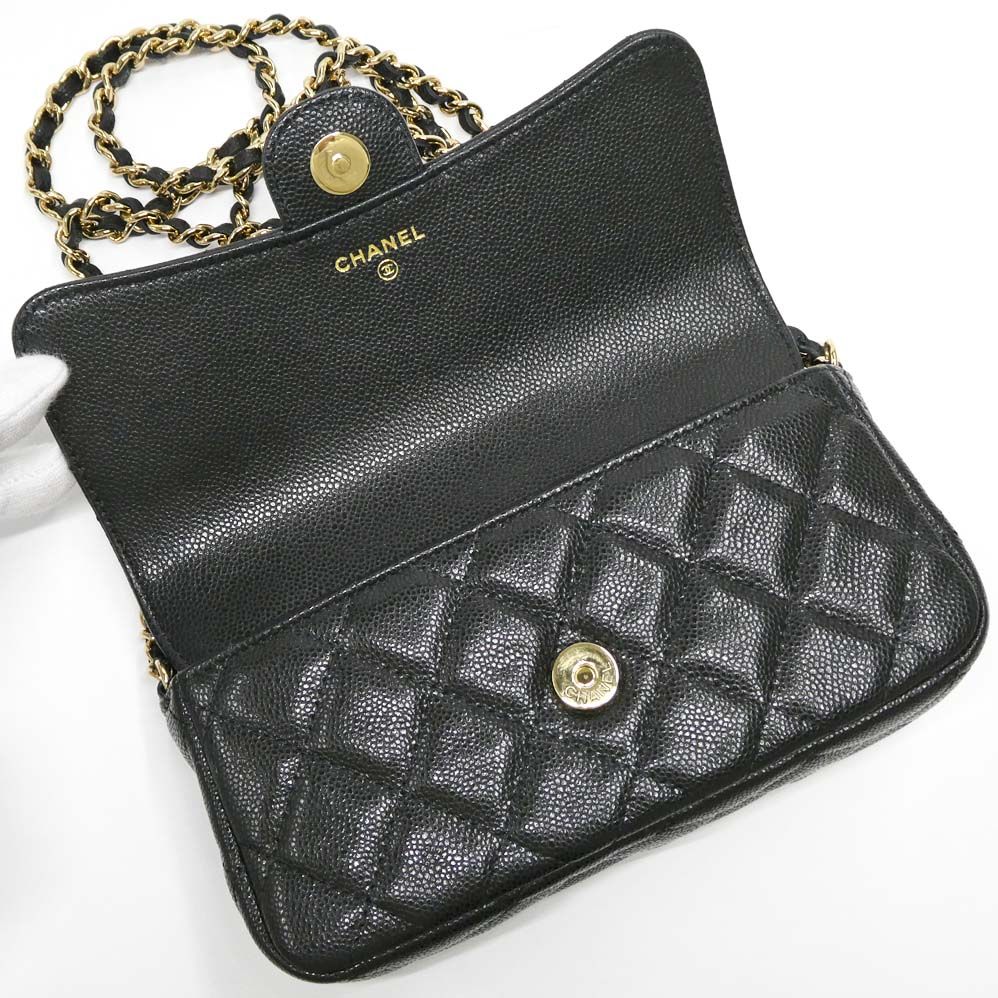Chanel Flap Phone Case Chain Shoulder Bag Caviar Leather Black Gold — view 5