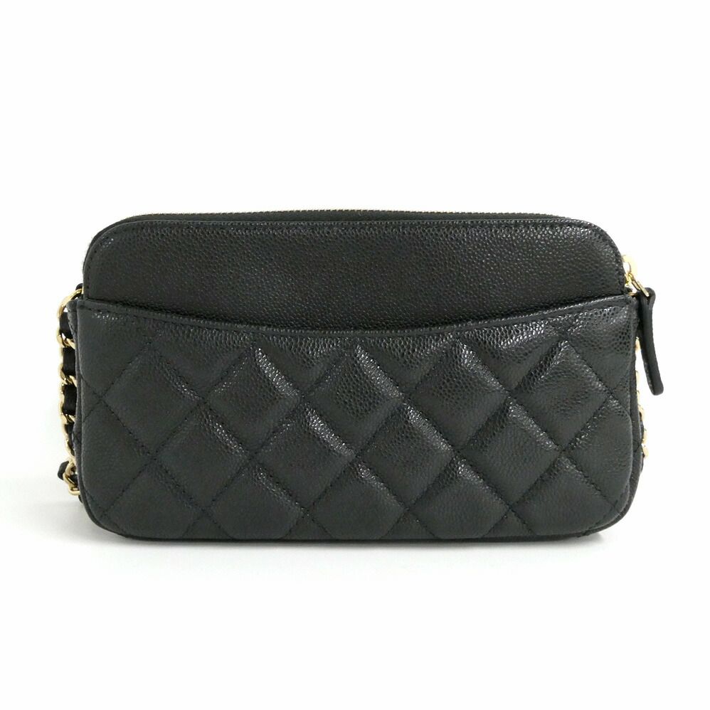 Chanel Flap Phone Case Chain Shoulder Bag Caviar Leather Black Gold — view 2
