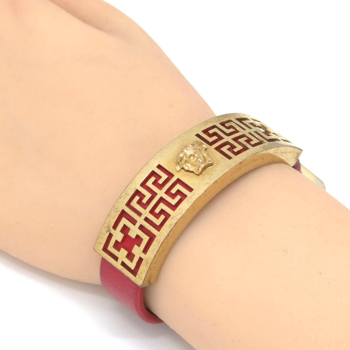 Versace Medusa Greca Plate Leather Bracelet 14.5 16.5 Gold Color Metal — view 2