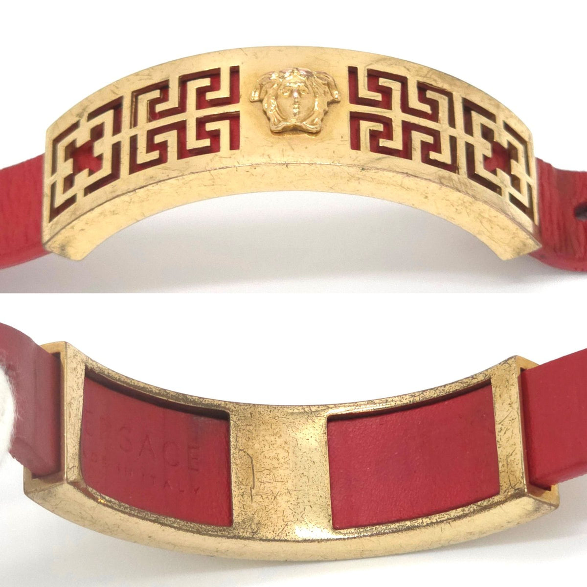Versace Medusa Greca Plate Leather Bracelet 14.5 16.5 Gold Color Metal — view 5