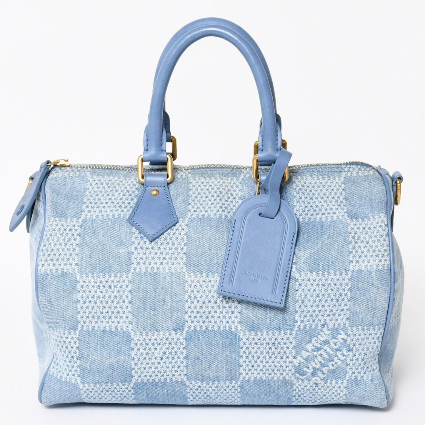 Louis Vuitton Speedy Bandouliere 30 Handbag Damier Denim 3D Cotton Blue Gold — view 3