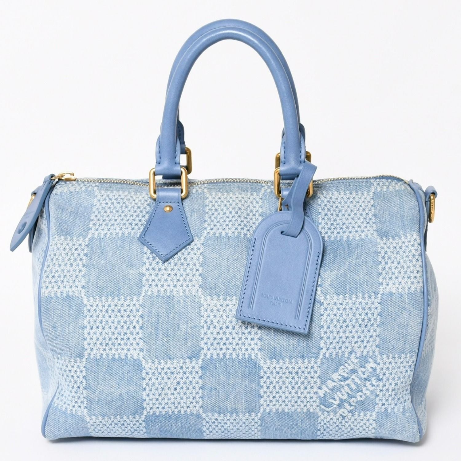 Louis Vuitton Speedy Bandouliere 30 Handbag Damier Denim 3D Cotton Blue Gold — view 3