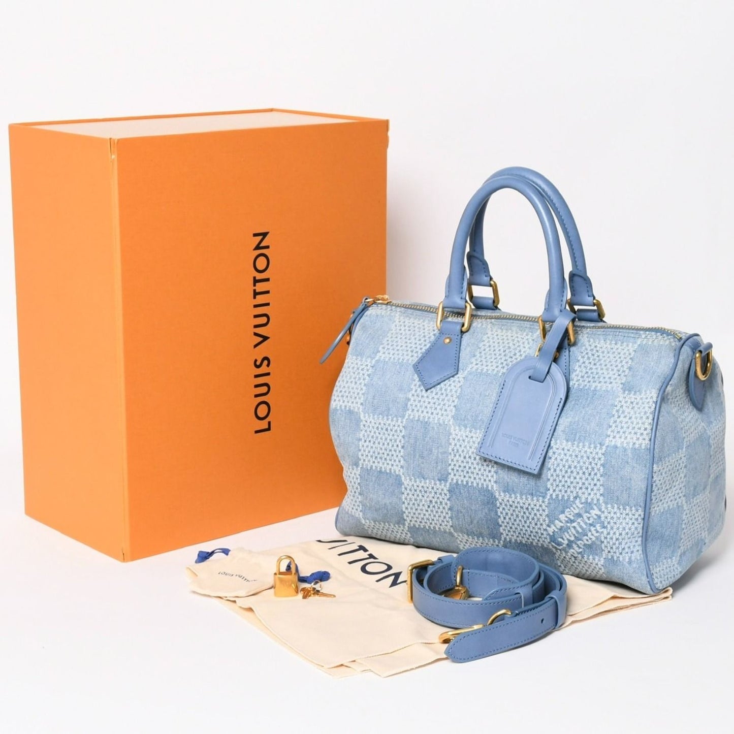 Louis Vuitton Speedy Bandouliere 30 Handbag Damier Denim 3D Cotton Blue Gold