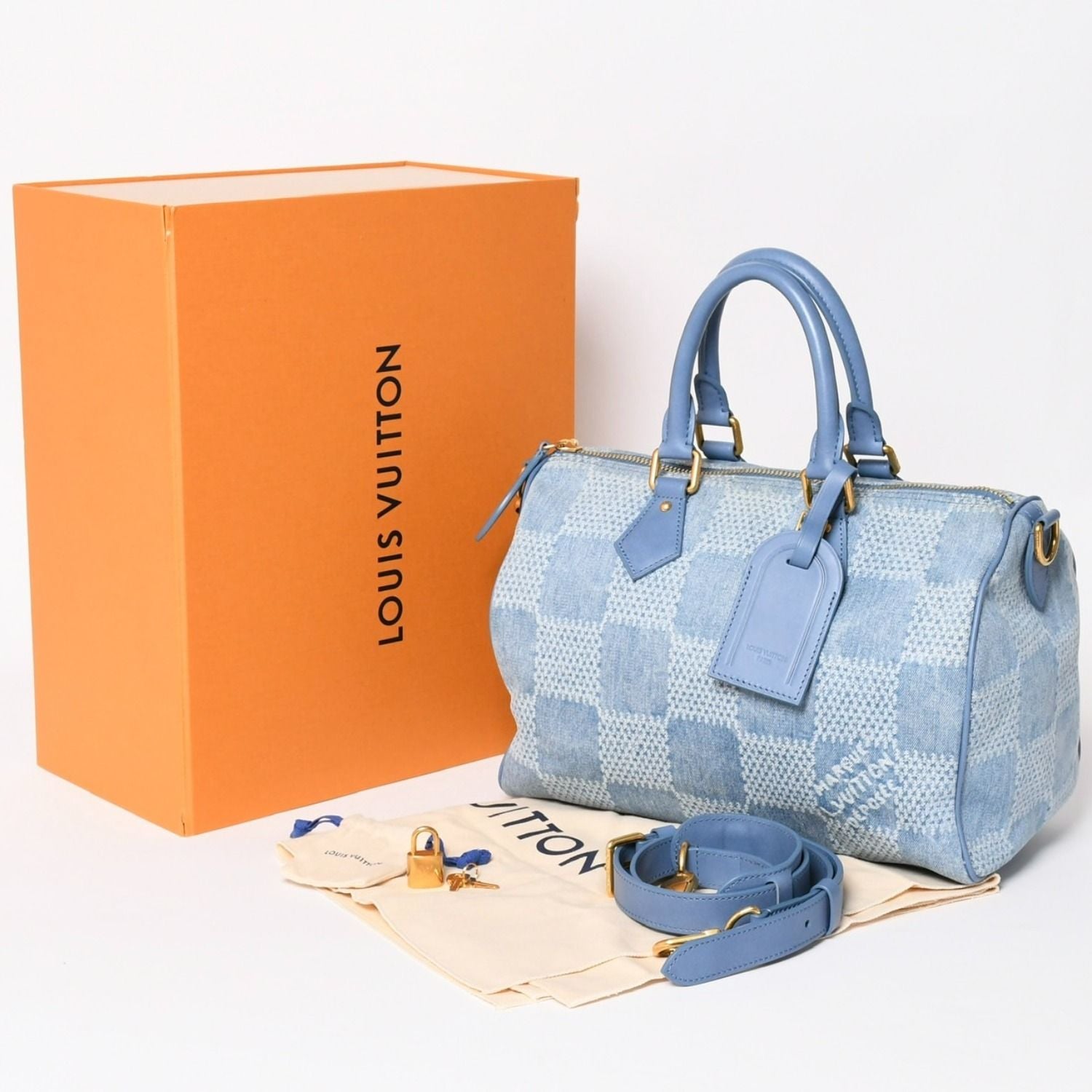 Louis Vuitton Speedy Bandouliere 30 Handbag Damier Denim 3D Cotton Blue Gold