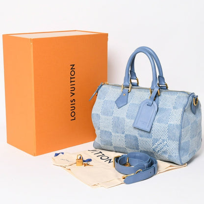 Louis Vuitton Speedy Bandouliere 30 Handbag Damier Denim 3D Cotton Blue Gold