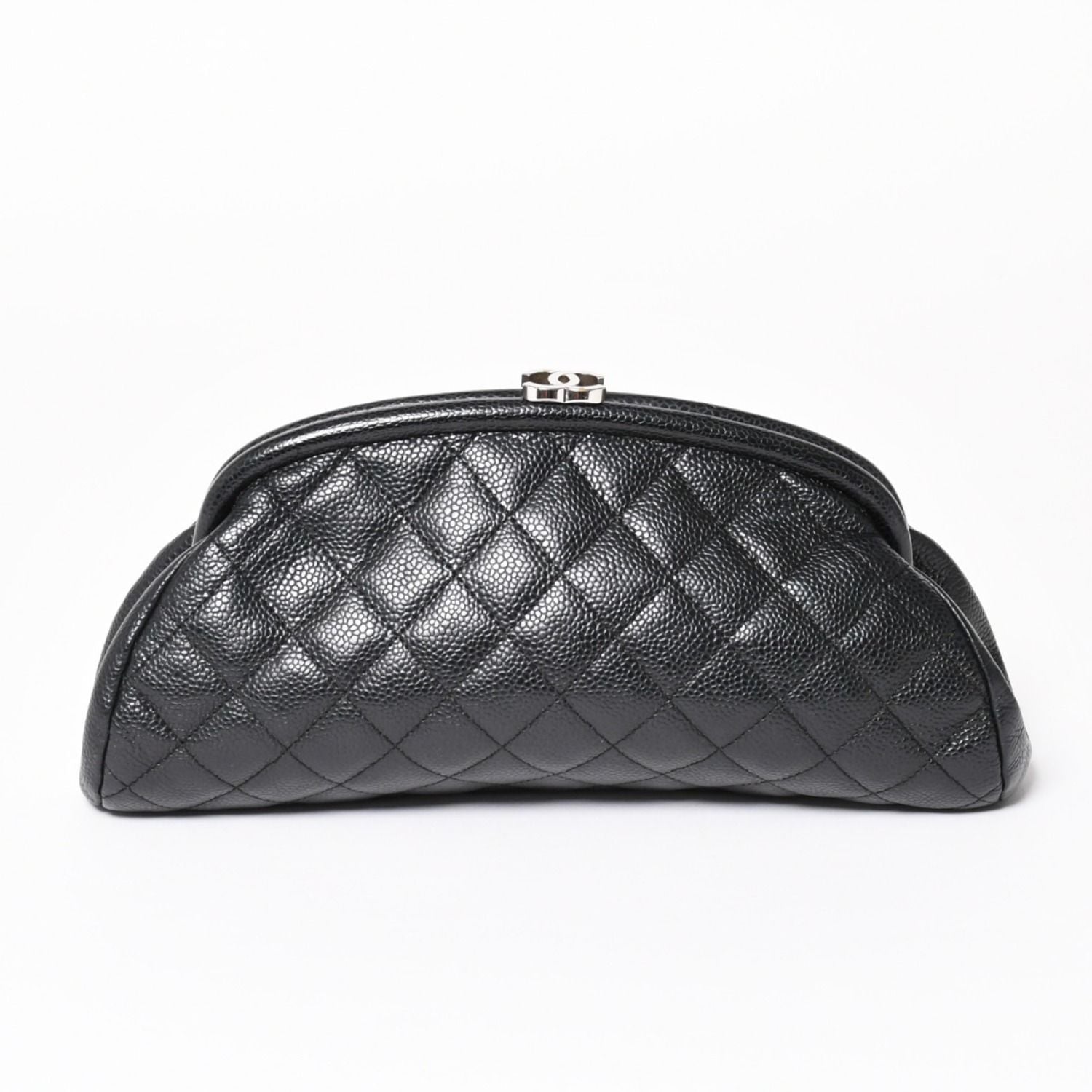Chanel Timeless Classic Clutch CC Logo Caviar Leather Quilted Silver