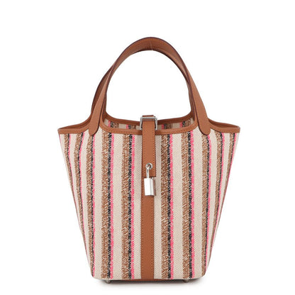 Hermes Handbag Picotin Lock PM Couverture Gold Ecru Faux Rose Pop Silver Toile