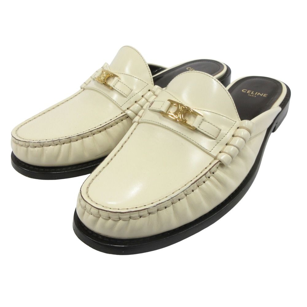 Celine Luco Triomphe Mules Loafers Sandals Shoes Leather White Gold 37 — view 3