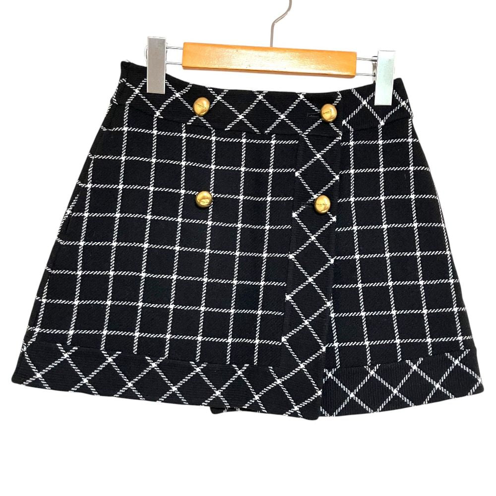 Dior Logo Button Plaid Tweed Wrap Skirt Mini Black