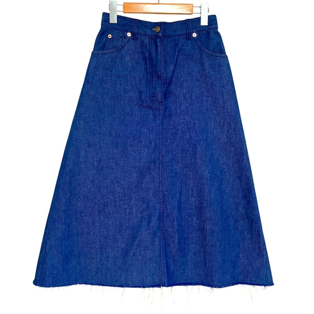 Gucci Calfskin Length Cut Off Trapeze Denim Skirt 38 160 Indigo Blue