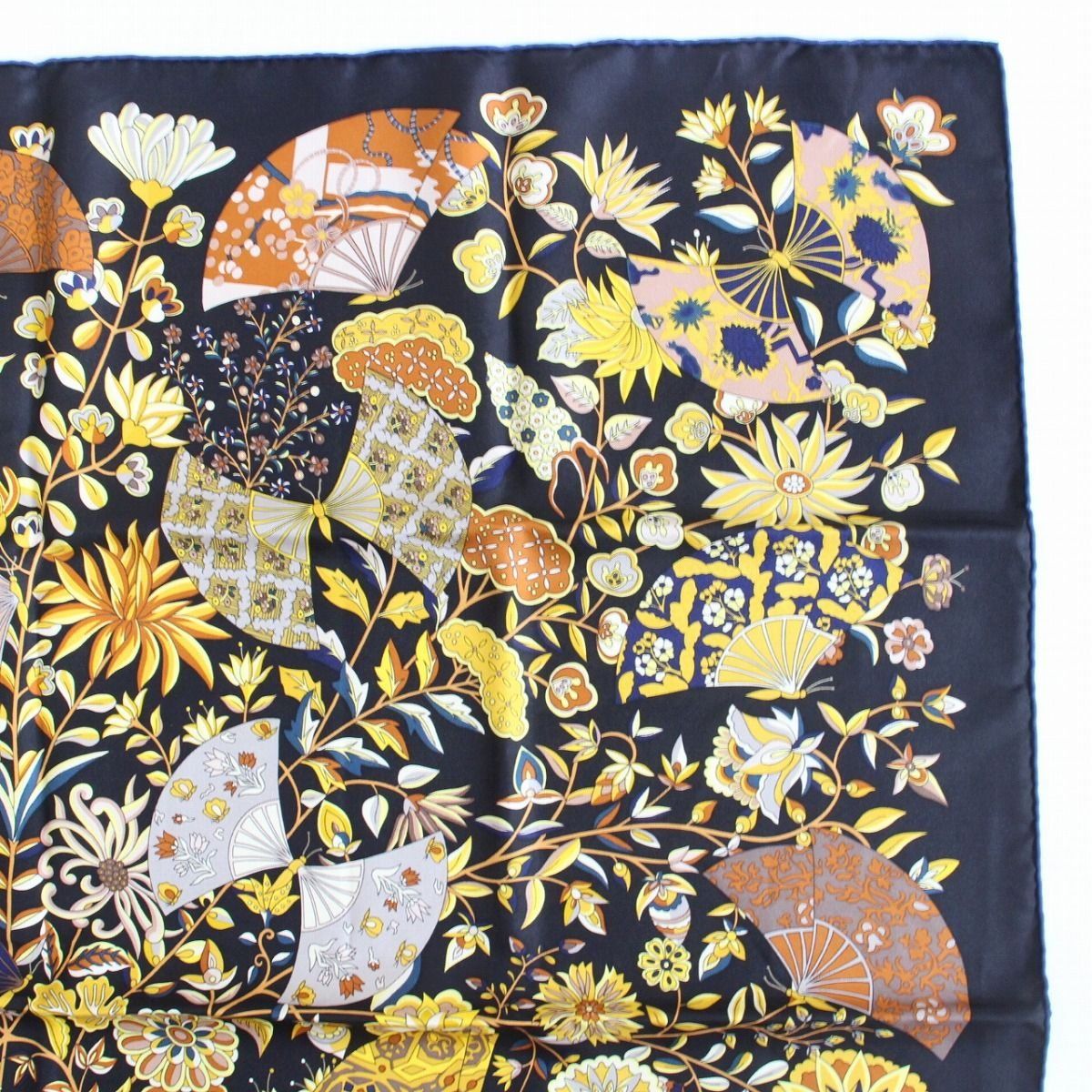 Hermes Carre 90 Scarf Flower Blooming Fabric Fan 100% Silk Black Pawn — view 3