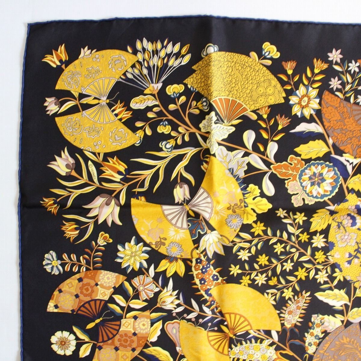 Hermes Carre 90 Scarf Flower Blooming Fabric Fan 100% Silk Black Pawn — view 2