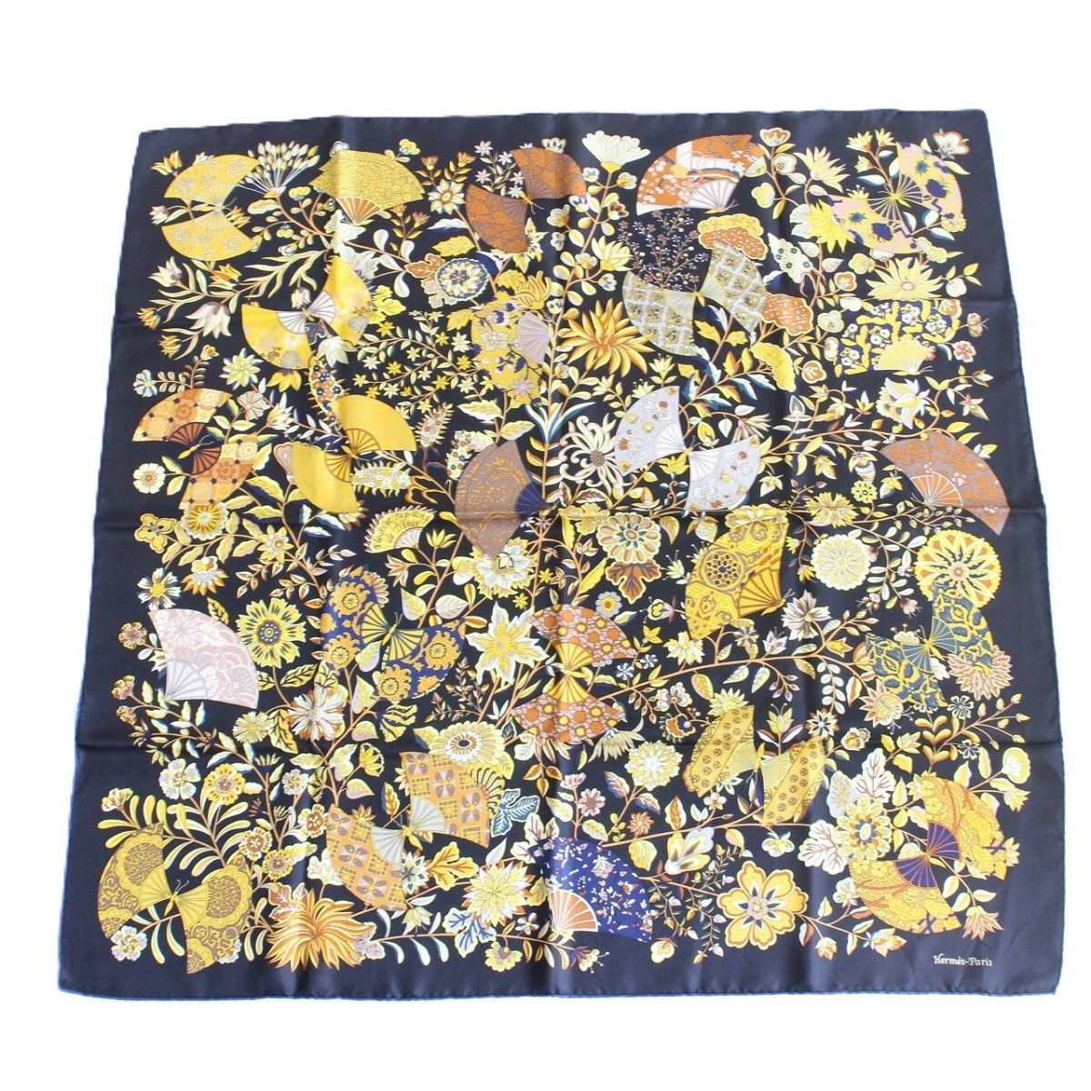 Hermes Carre 90 Scarf Flower Blooming Fabric Fan 100% Silk Black Pawn